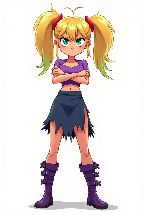 A female character with long blonde hair styled in two short pigtails with red tips and two long strands framing her face, also with red tips. She has expressive green eyes and is crossing her arms with a slightly frustrated or annoyed expression. The char...