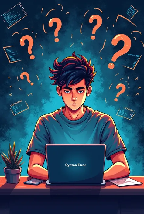 Create a visually stunning illustration of a frustrated student learning Python. The student should be sitting at a desk with their laptop open, showing a SyntaxError on the screen. Surround them with symbols like question marks, exclamation marks, and cod...