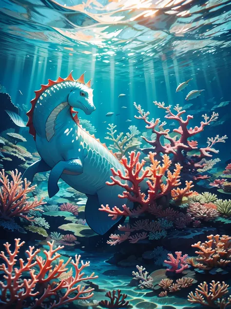 a beautiful detailed sea horse, highly detailed underwater scene, kelp forest, coral reef, swimming gracefully, sunlight filtering through water, vibrant colors, photorealistic, 8k, best quality, masterpiece