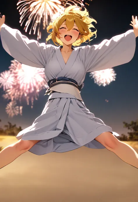 masterpiece, best quality, very aesthetic, absurdres, 1 girl, blonde hair, Light blue yukata, open mouth, happy, spread legs, spread arms, in sky, night sky, Fireworks are shooting up all over the background.