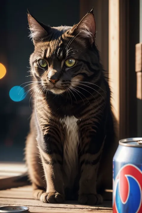 a huge angry cat, kittens, growling, pepsi-cola cans, property, (best quality,4k,8k,highres,masterpiece:1.2),ultra-detailed,(realistic,photorealistic,photo-realistic:1.37),HDR,UHD,studio lighting,ultra-fine painting,sharp focus,physically-based rendering,e...