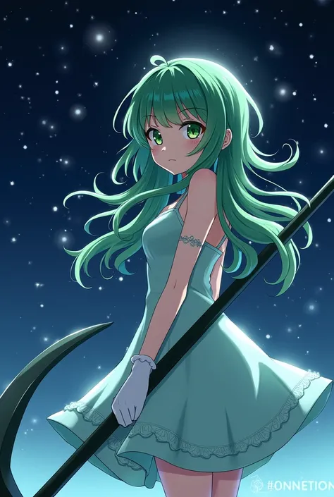 Green long hair anime girl，White Gloves，short skirt dress，Night sky，Huge Sickle￼