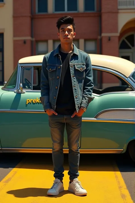 "An antique car with the word PREKETEK painted on the side is parked on a yellow-lined road. Behind the car are brick walls and buildings, with bright lighting. In front of the car, a handsome young man with a firm jawline, short black hair neatly combed b...