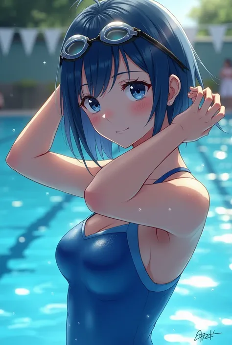 One girl, Blue competitive swimsuit, High resolution, Beautiful Face, Look at, Buckshot, Turn to the camera, Background blur, Shiny Hair, Swimming Goggles, Lens Flare, Anime Style, Summer outdoor pool, Anatomically perfect hands, Wet Skin, Touching hair wi...