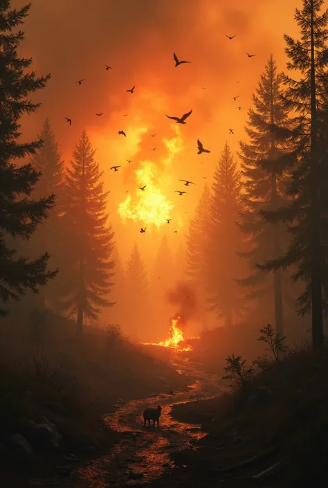 A forest burning and animals and birds dying and running around with a lot of smoke, that the image reflects a lot of sadness, The image is combined with different situations during the forest fire 

  