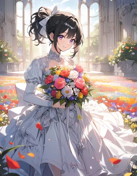 (masterpiece),(absurdres),(ultra detailed),(8k),(beautiful detailed),anime illustration,bless,Colorful flower field,Colorful petals floating:1.1,hold on colorful bouquet:1.2,happy,cowboy shot,(Princess dress:1.1),solo lady,shiny black hair,shiny purple eye...