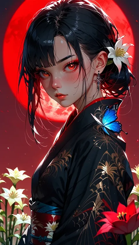 (((Enma Ai)))((Age 15))((female))((( 地獄少female)))((Long Black Hair))( ((Dark red eyes)))((( A black kimono with a blue butterfly pattern)))(((Background sunset red moon))『((((Background full bloom red spider lilies))))』