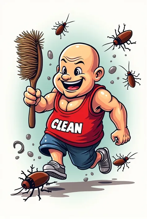 A tattoo design of Mr. Clean chasing cockroaches with a toilet brush and a wrench.

