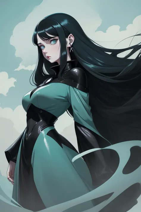 anime, retro, flat illustration, manga, muted colors, pale blue giant frog, adult woman, pale skin, dark black long hair, modern metal ear jewelry, flowing clothing, darkness, tall peaks, low light, strong wind, intensity