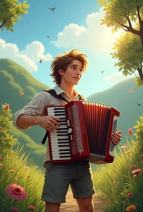 Young man playing accordion in the middle of nature