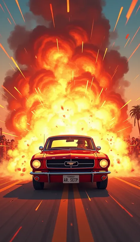 rpg,Cowboy animation style,game,There is a red car in the middle of the screen,There is fuse explosive next to it,Explosion Effect,No characters,There is a speed line,Sense of Focus,Sunset background crowd, high quality, masterpiece