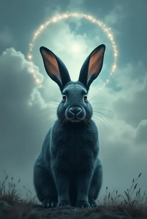 a dark lead-colored bunny with its halo in the sky