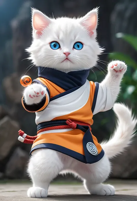 cute big-headed white kitten dressed as naruto、rasengan pose、dynamic composition、impressive screen、cool composition、realistic、ho...