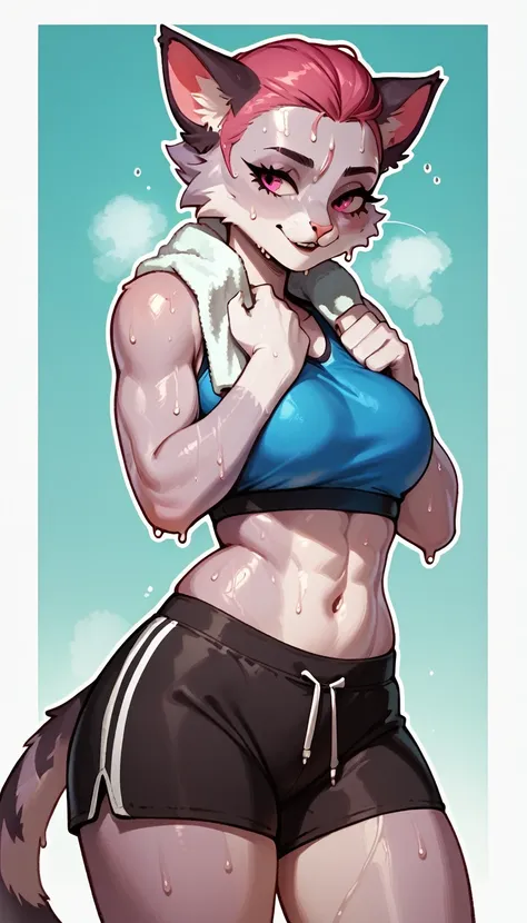 furry, female cat, cat, athletic body, relief press, sports top, sports shorts, towel around neck, sweaty, wipes sweat from fore...