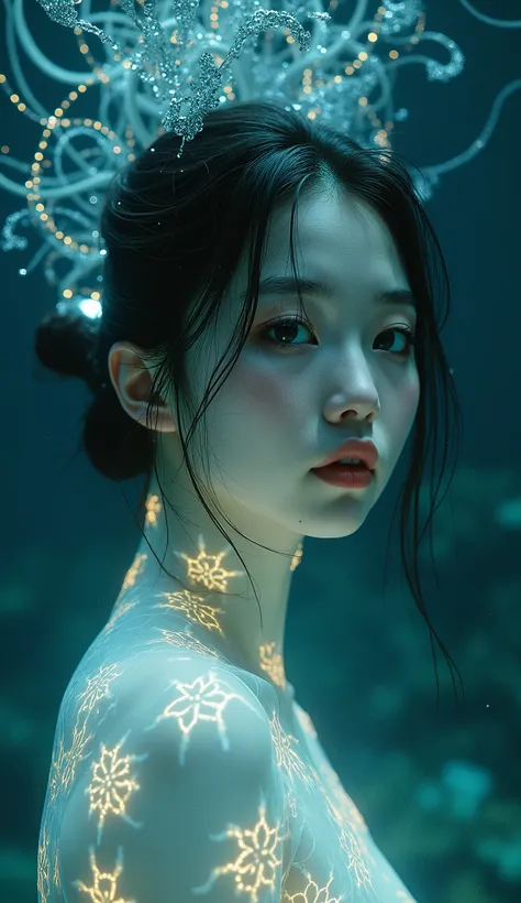 live-action、Real、Beautifully detailed eyes、Beautifully detailed lips、Highly detailed eyes and face、Long eyelashes、Depressed Japanese woman swimming underwater、A transparent body with a stained glass pattern wrapped in light、Intricate mandala patterns are p...