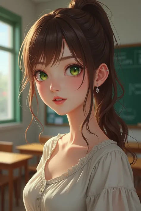 (masterpiece, top quality, best quality, art, beautiful), monika, green eyes, very long hair, brwon ponytail, (background: Classroom