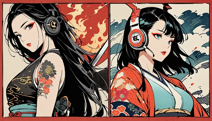 (((Ink Painting))), (((Cut with a sword))), (((1 girl))), (((Flashy makeup))), (((Japanese style headphones))), (((Japanese patterned swimsuit))), (((TATOO))), (((Fire Wizard))), Japan人の美少女, Black Hair, Delicate and precise, Modern Ukiyo-e Style,Japan, Jap...