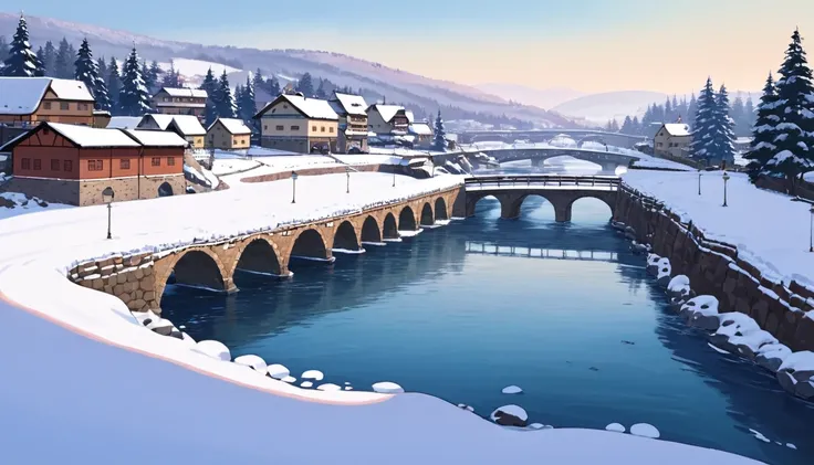 Lofi Winter Landscapes ,studio ghibli style , Stone bridge across the river , Theres a lot of snow.