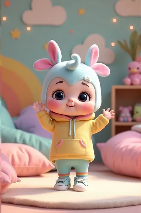 Character Design:*
Create a playful, toddler-sized character named Boo with soft pastel-colored fur (light blue, pink, yellow) and big, round eyes full of curiosity. Boo should wear a rainbow-striped hoodie with floppy ears, pastel polka-dot leggings, mism...