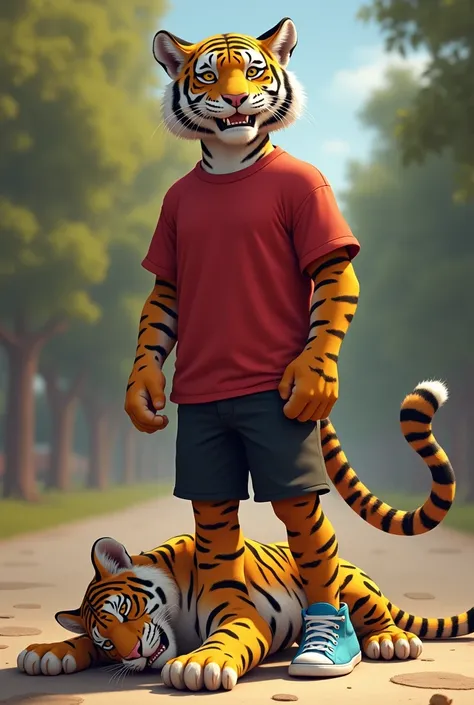 Image 4: Victory Over the Leopard
- **Description:** The young tiger triumphantly stands over the defeated leopard, showcasing his strength and intelligence. He’s still in his red t-shirt, black shorts, and blue sneakers, with a proud smile.
