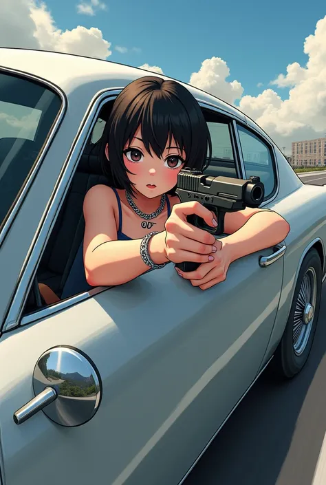 Generate an image of an anime girl wearing a Cuban link chain that says 007 while holding a gun and hanging out of the window of the James Bond car 