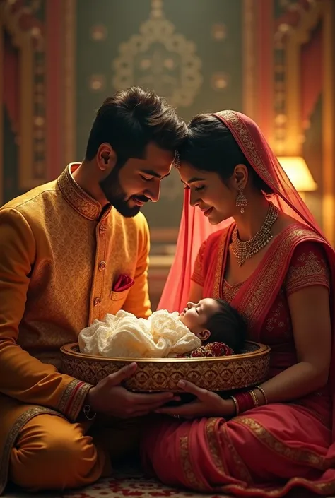 Generate a ai image of an Indian couple in his baby boy cradle ceremony holding their baby together