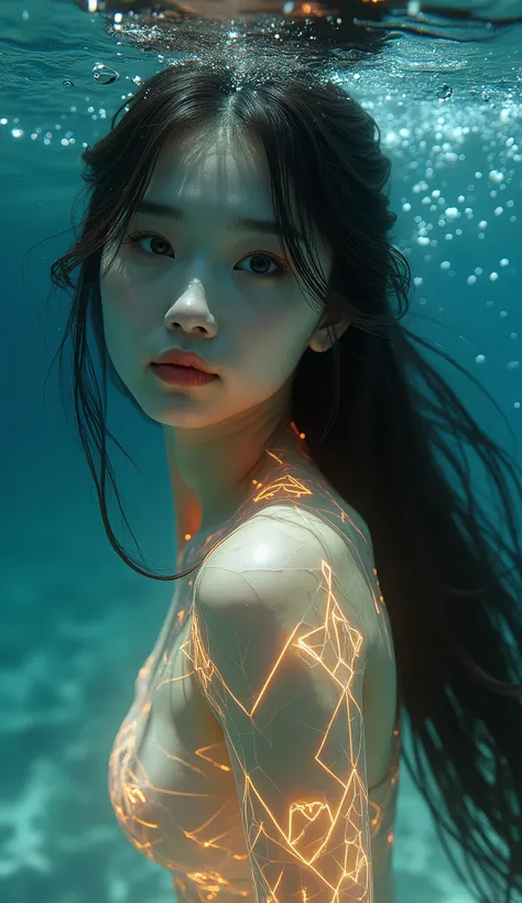 live-action、Real、Beautifully detailed eyes、Beautifully detailed lips、Highly detailed eyes and face、Long eyelashes、Depressed Japanese woman swimming underwater、A transparent body with a stained glass pattern wrapped in light、Intricate geometric patterns are...