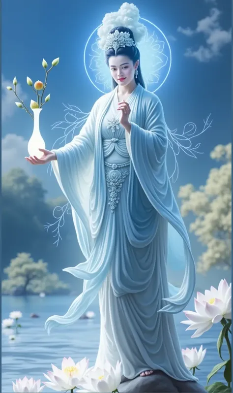 Guanyin Bodhisattva wearing white Hanfu,Wearing a white scarf on her head，She has black hair，The left hand holds a white bottle with willow branches and leaves。She stands on a lotus,There are lotuses at her feet and clouds behind her，Detail hands，She looke...