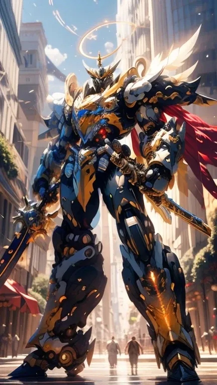 masterpiece, robot king, [Elegant, Holding a huge spear, Divine Power, Sky, Light Injection Energy, super high quality, , [Hall, Ultra-detailed, Cinematic light,Castle in the Sky, RTX, 【8k