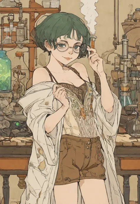 1petit girl, tiny body, large head, frameless glasses, short legs, smile, black-green short low twintails hair, alchemist, wizard, suspicious smoke from laboratory equipment, indoor, embroidered white coat, off shoulder, Decolletage, brown shorts, George B...