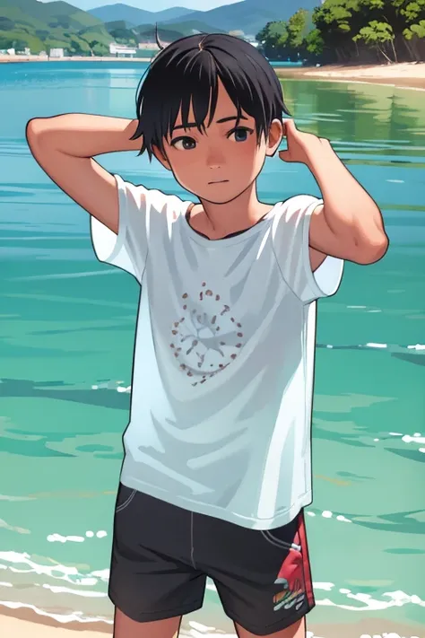 young boy, standing in the water, looking directly forward, surprised expression, water splashing around him, summer day, sunlight reflecting on the water, boy with short hair, wearing a simple t-shirt and shorts, wet from playing in the water, hearing som...