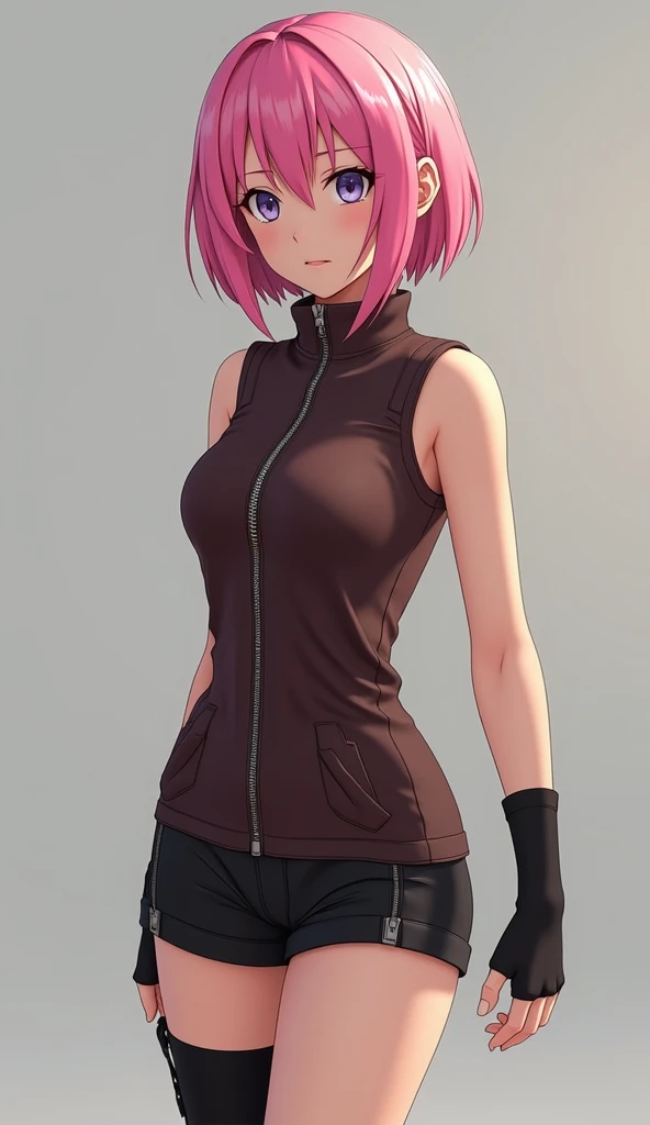 A detailed anime characters Sakura Haruno cosplay  from Naruto manga, short pink hair, dark brown sleeveless zip up tank top, black shorts, black knee socks, highly realistic and dynamic pose, vivid colors, intricate costume details, masterpiece, photoreal...