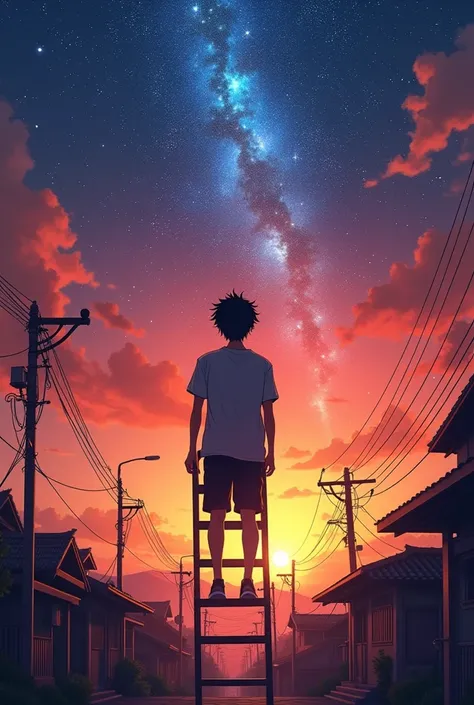 Raise a 16 year old boy/17 years on a ladder, with my back turned watching the sunset and in this sunset there is a beautiful cosmos in the middle of the image. Get inspired by K-pop group ILLIT and sailor moon and just one boy and he&#39;s in town. He&#39...