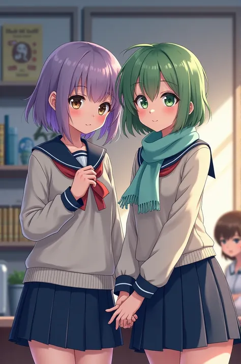 Create an anime style image, 2 girls in a school club room , 1st Girl has short lilac hair, not very expressive , medium ,with bangs covering almost all of her brown eyes, 1,50 tall and in school uniform. 2nd Girl has 1,67 tall , medium moss green hair, in...