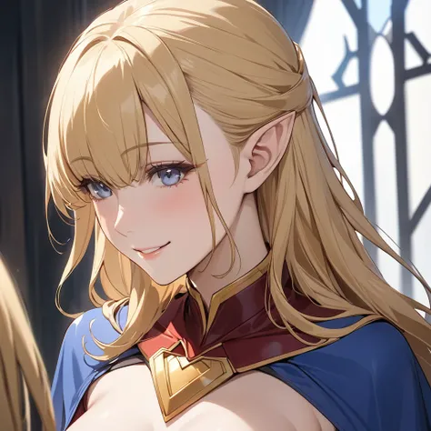 ((Best Quality)), ((masterpiece)), (detailed), （Perfect Face）、The woman is Seras Ashlain, a high elf with superwoman-like features and medium-long blonde hair.、The woman is smiling gently