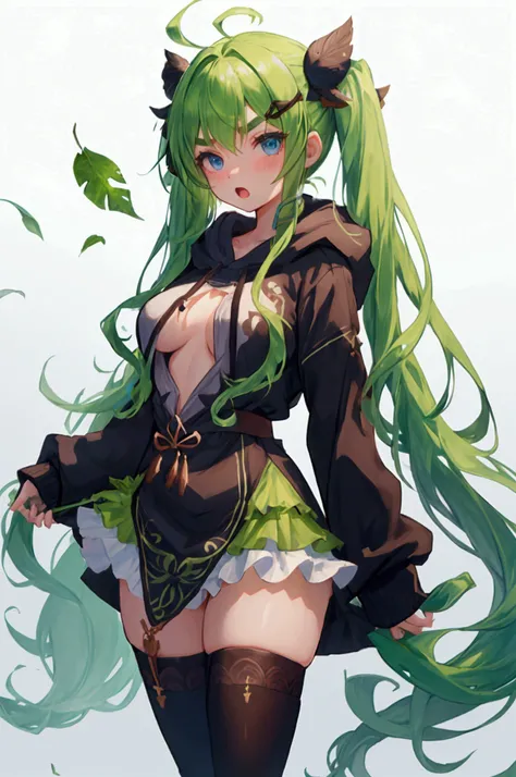 1girl, solo, long_hair, blue_eyes, green_hair, hood, twintails, hoodie, very_long_hair, full_body, leaf, hair_ornament, breasts, looking_at_viewer, ahoge, white_background, hood_down, thighhighs, simple_background, no_shoes, long_sleeves, standing, open_mo...