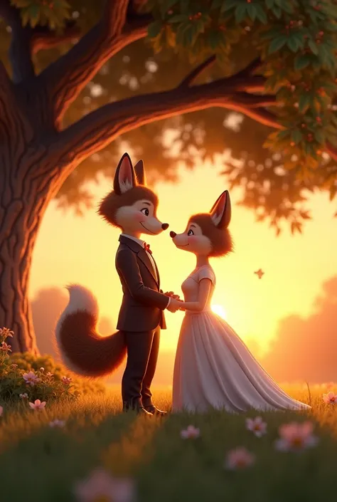 A 3D-rendered final scene of Max and Luna, dressed in their suit and gown, sitting together under a large oak tree at sunset. Their tails are intertwined, and they look lovingly into each other’s eyes. The sunset colors are rich, casting a warm glow on the...