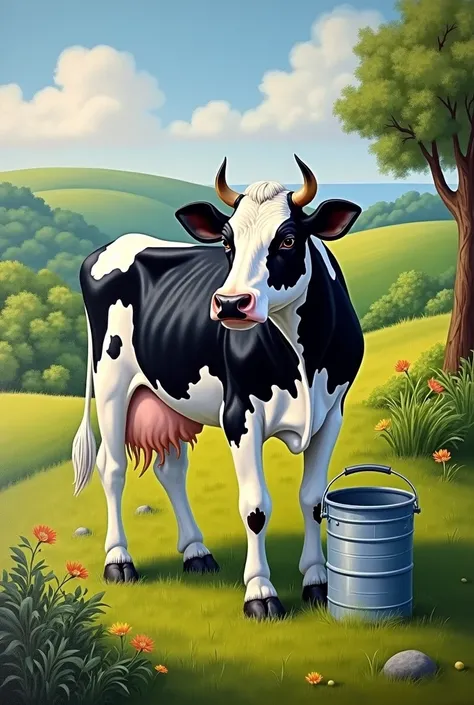 Painting of a black and white cow standing next to milk pack in green landscape