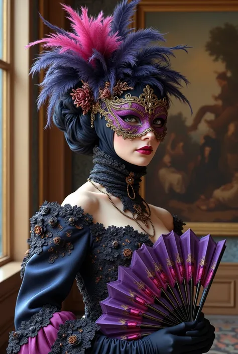 The picture shows a masquerade ball in the palace. The focus is on a beautiful stranger in a luxurious masquerade costume with feathers, with a fan and a mask. A masterpiece can be seen in the background, as if created in a fantasy style. The heroine&#39;s...