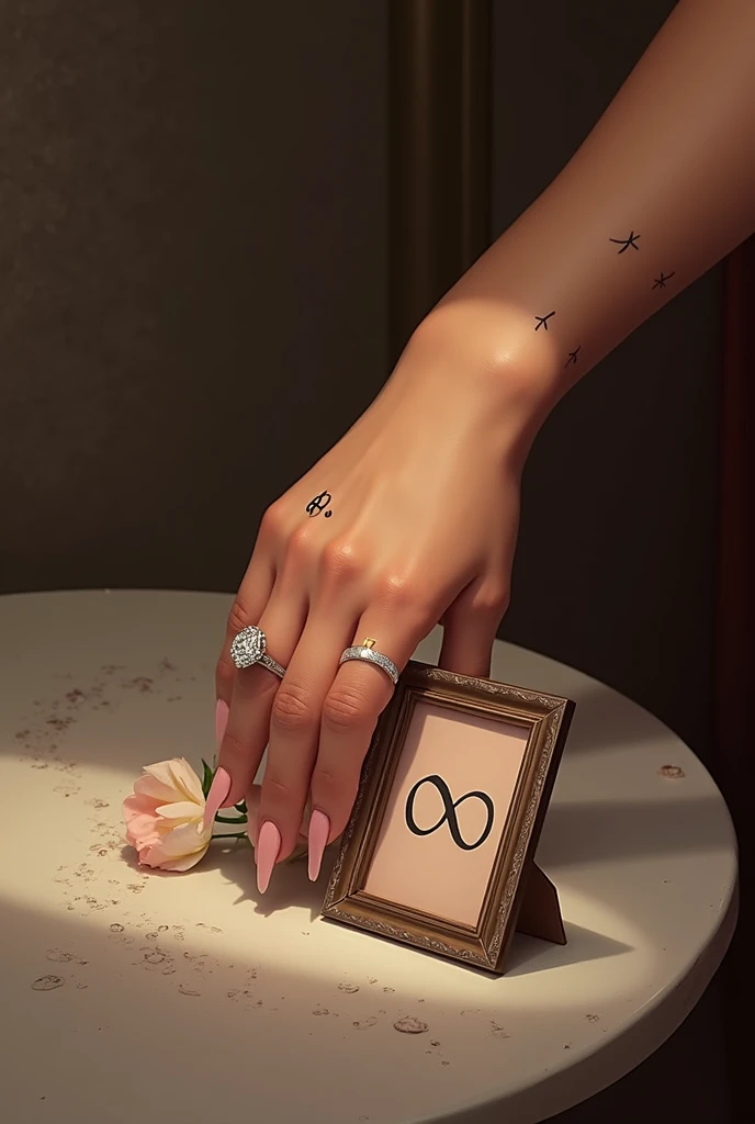 I would like to create artwork for a R-style music single.&b. 
Art must contain a female hand, with a diamond ring.The female hand should also contain a tattoo of the letter D on the ring finger., The font for the letter D tattoo on the ring finger should ...