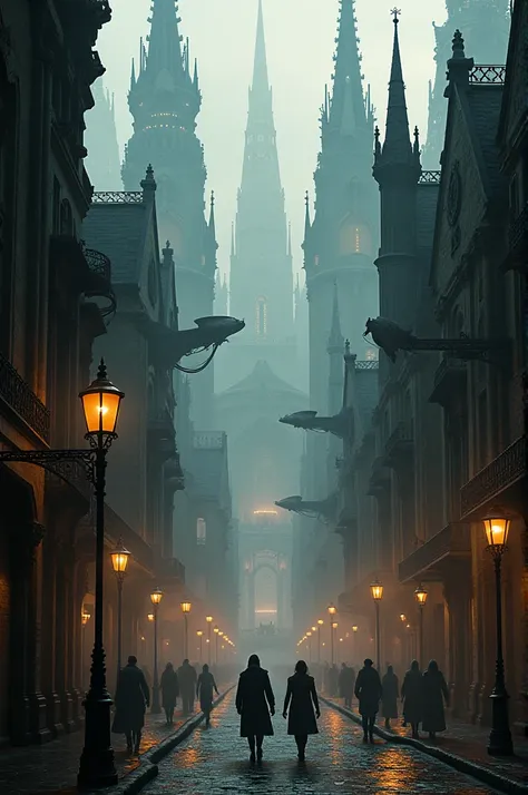 Create a futuristic city, Victorian Gothic, elegant and sombre 