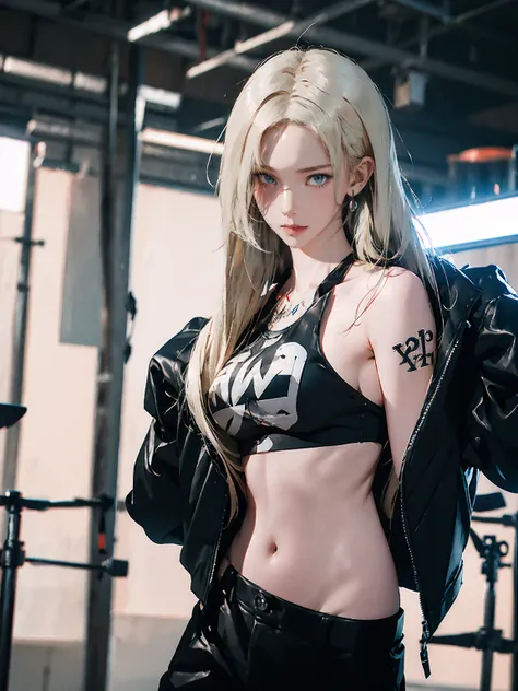 Realistic:1.2, Rocker girl in leather jacket,Slim figure、Normal bust size、 highly Realistic photograph, whole body, NSFW, Spiked clothing,White tank top、Navel exposed、Leather high leg bikini pants、tattoo,Earrings Dark lipstick, blue eyes,Blonde twin tail h...