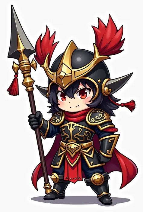 A chibi-style version of a heavily armored warrior, dressed in intricately designed black and gold battle armor with red accents. He holds a large, ornate spear with a menacing blade, while the shaft is adorned with red tassels. His helmet features tall re...