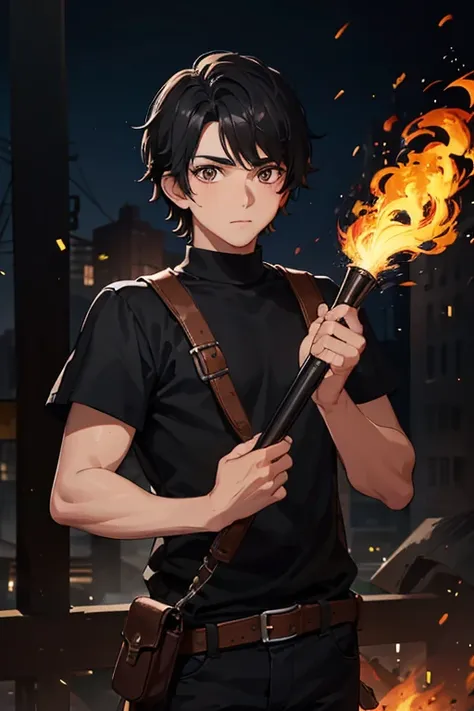 1 Mexican boy with black hair and marked brown eyes generating fire in his hands