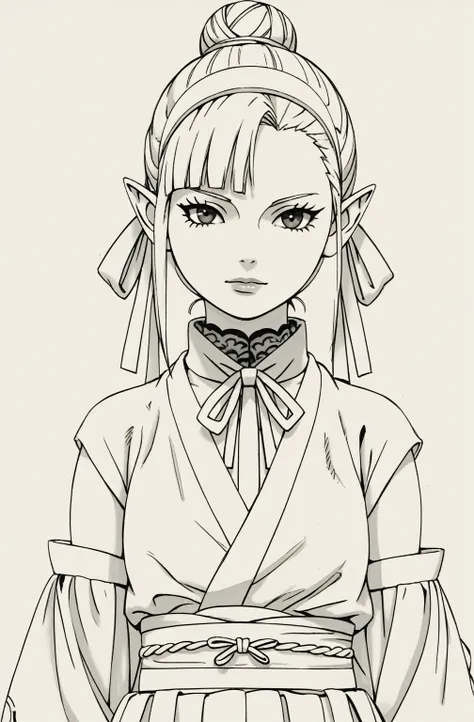 an anime character wearing short black and white hakamas, two ribbons {one at each side of her hairband}, white obi with black a...