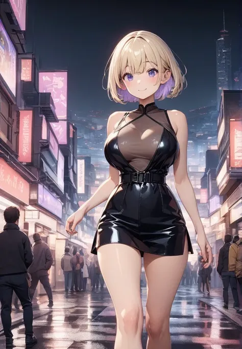 High resolution, High-resolution model, Ultra high definition, quality, quality, One girl, Shortcuts, Short Hair, Blonde, Blushing, smile, Simple Background, Rear view, Purple eyes, See-through clothing, Walking in the city at night, Light purple inner col...