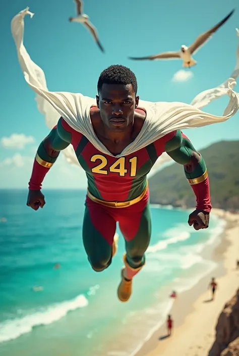 Black male superhero, wearing a tight costume with a gold number 241 logo on the right chest, costume color combination color red, silver, green, white and gold, handsome and clean face, muscular body, flying low above sea level, fly very low, sonic boom w...