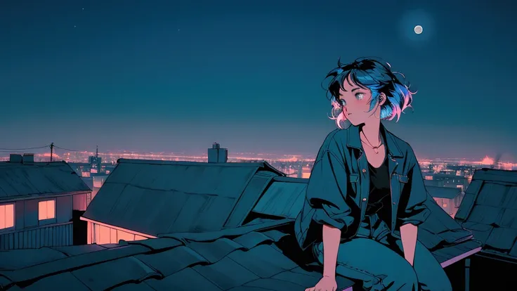 Girl sitting on the roof of an old house, Lo-fi image,Retro, Night Light, View from the rooftop, Neonscape, Beautiful colorful night sky