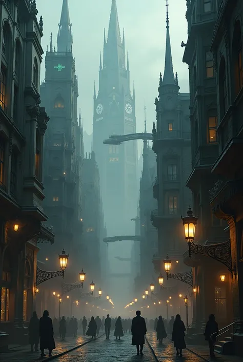 Create a futuristic city, Victorian Gothic, elegant and sombre 