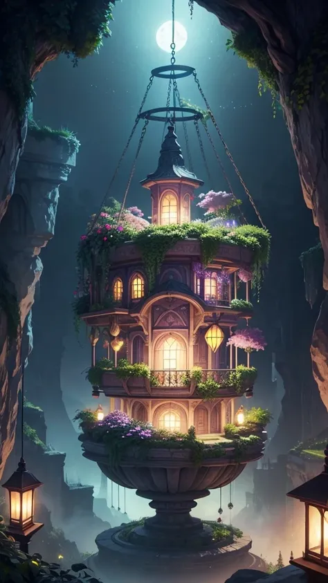 Fantasy World　Hanging Garden　night　Pastel colors